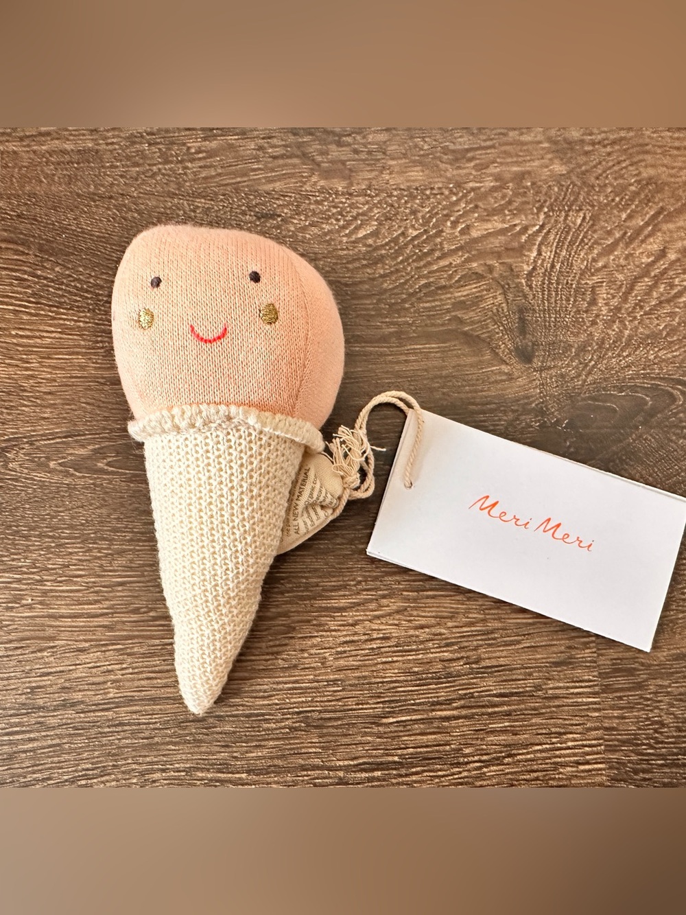NWT Baby Meri Meri Ice Cream Cone Pink Plush Rattle Toy Organic Cotton